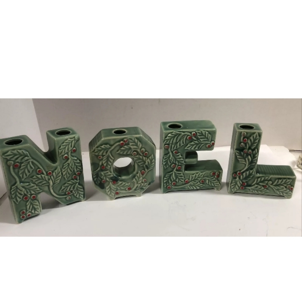 Lipper & Mann Green NOEL Ceramic Letter Candle Holders with Holly Detail